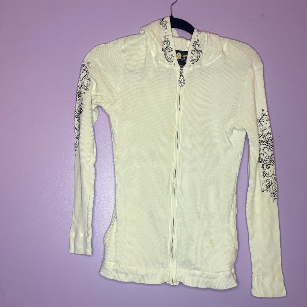 Christine Alexander whiteSweater with Black Embellishments